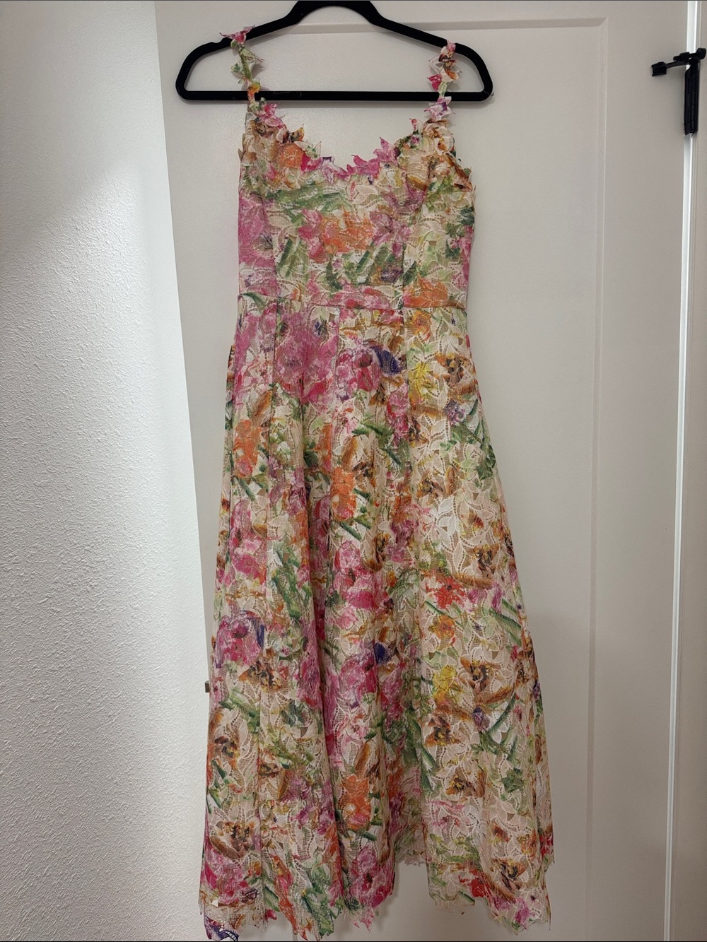 Floral Lace Midi Dress with Spaghetti Straps - Pink & Multi